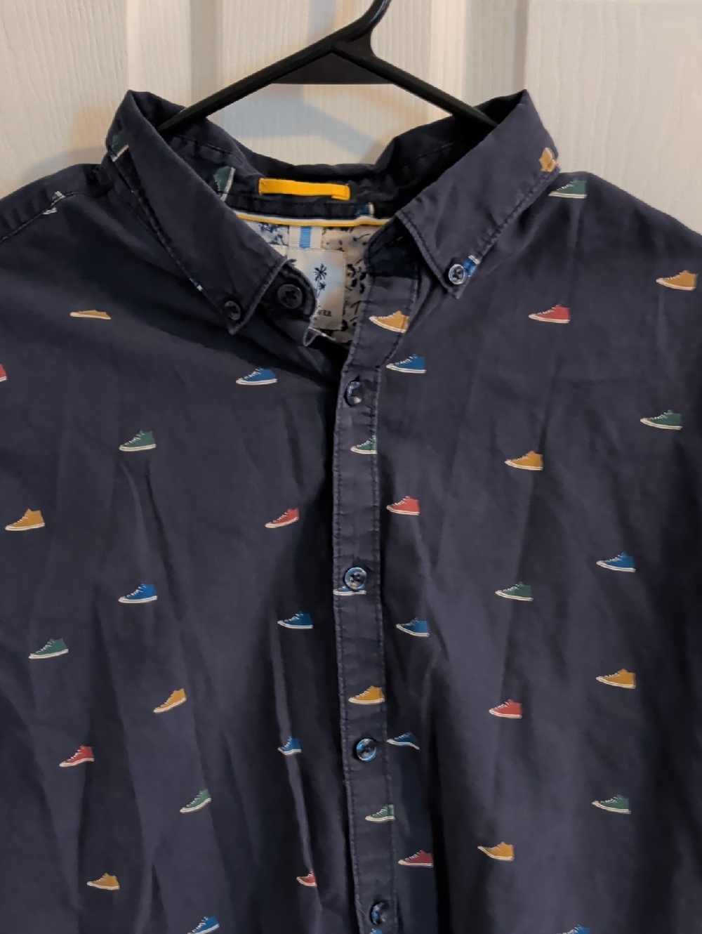 Navy Button-Down Shirt with Multicolor Sneaker Design
